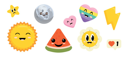 Set of funny, smiling faces of characters in cartoon style. Vector illustration of characters with emotions: star, planet, sun, hearts, lightning, watermelon, flower isolated on white background.