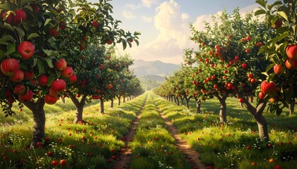 Lush apple orchard, sunlit path