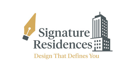 Flat vector banner design text Signature Residences subtext Design That Defines You typography Raleway + Playfair Display icons of pen and building gray and gold tones isolated on white