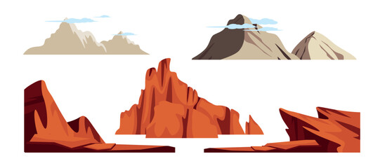 Set of different natural mountains, gorges, rocks in cartoon style. Vector illustration of beautiful outdoor spired mountains with clouds, desert rocks, surfaces isolated on white background. © MVshop