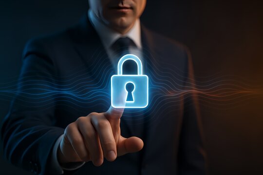 Business professional activating digital cybersecurity lock for data protection