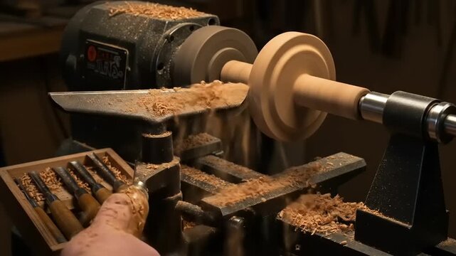 Woodworking lathe process with hand tools, crafting decorative wooden element close-up