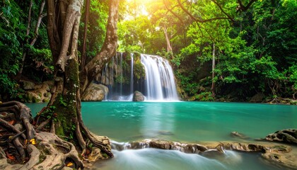 Lush waterfall cascading into turquoise pool, dense jungle