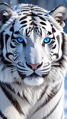 Majestic White Tiger with Striking Blue Eyes in Snowy Landscape