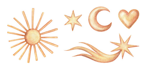 Copper metal celestial ornament set with comet sun and heart hand drawn in watercolor with sparkle and pencil texture. Shiny vintage jewelry illustration. Perfect for Christmas card and seasonal art.