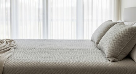 Comfortable bed with textured bedding and pillows against a bright window