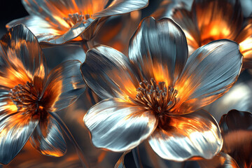 Abstract metallic flowers with glowing orange centers and silver petals. These unique flowers have a striking metallic appearance with a warm, inviting glow