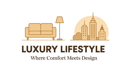Flat vector banner design text Luxury Lifestyle subtext Where Comfort Meets Design typography League Spartan + Playfair Display icons of sofa lamp and skyline beige and bronze palette