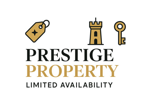 Flat vector banner design text Prestige Property subtext Limited Availability typography Manrope + DM Serif Display icons of tag tower and key gold and black tones isolated on white