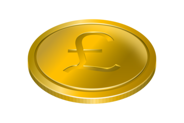 A gold coin with the British pound sterling currency symbol on surface. Money concept, three-dimensional, isolated on transparent.
