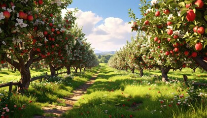 Sun-drenched apple orchard path