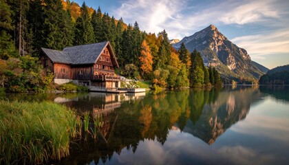 Autumn chalet by a lake, mountain backdrop