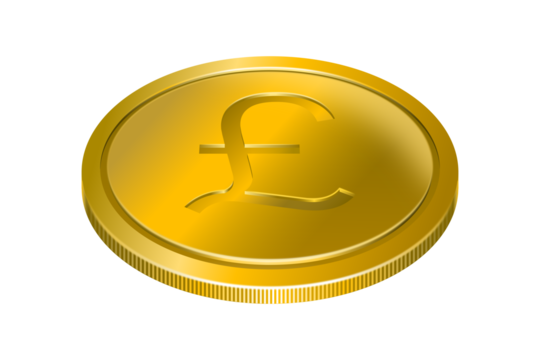 A gold coin with the British pound sterling currency symbol on surface. Money concept, three-dimensional, isolated on transparent.