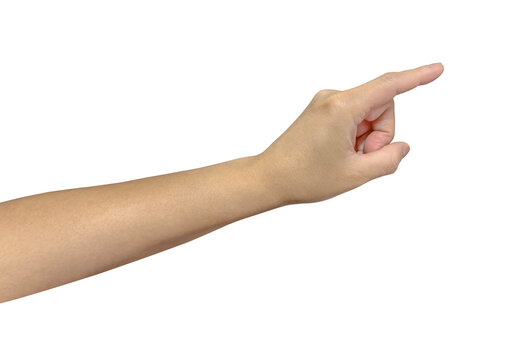 Woman hand with a finger reaching out to press a button is touching the screen isolated on white background