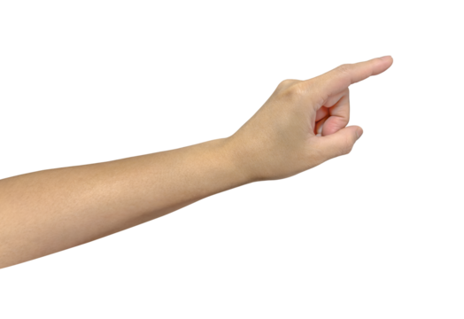 Woman hand with a finger reaching out to press a button is touching the screen isolated on white background