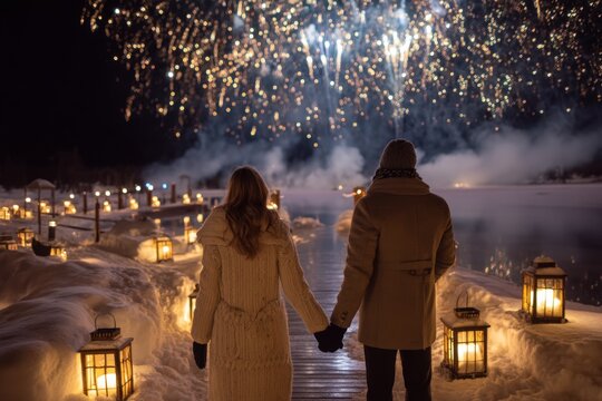 New Year Countdown at Frozen Lake Cabin Dock, Couple in Winter Coats Holding Hands, Fireworks Reflected in Ice, Lantern-Lit Snowy Path, Blank Calendar, Romantic Magical Night - Powered by Adobe