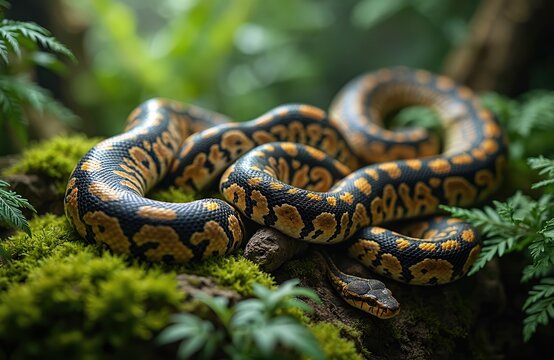Royal python rests on mossy ground in a terrarium. Snake has beautiful skin pattern. Green plants surround reptile. Nature photo illustrates ball python habitat.