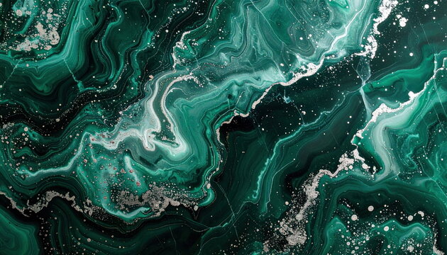 Abstract malachite green swirls mixed with white and silver create an elegant artistic backdrop design.