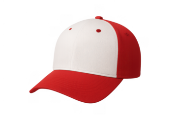 Baseball cap with blank white front and red bill, representing sports, team, or casual fashion, transparent background