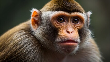 Fototapeta premium Curious monkey gazing intently in a lush green forest during daylight hours, showcasing its expressive eyes and soft fur textures Generative AI
