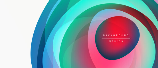 Abstract layers create vibrant circular design. Colors blend, forming dynamic visual effect. Modern background suitable for various projects.