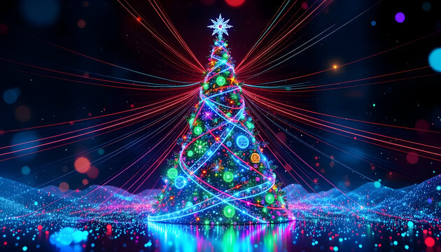 Futuristic Neon Christmas Tree with Multicolor Light Rays