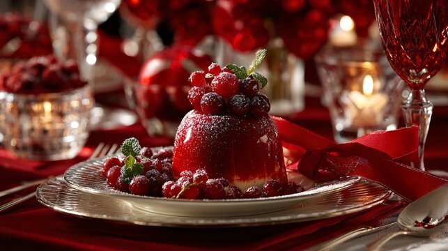 A festive table setting, cranberry desserts and red ribbon