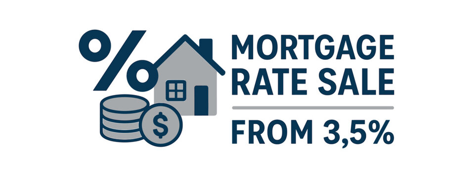 Mortgage rate sale banner with house and dollar coin icons. Real estate finance promotion design. Flat vector illustration.