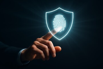 Fingerprint security authentication concept with digital shield and modern tech