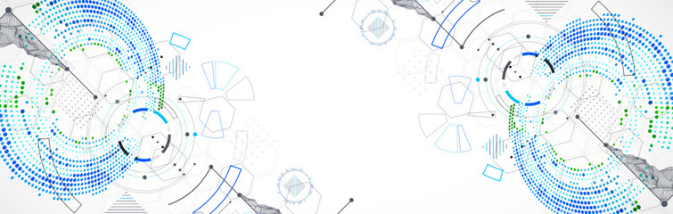 Naklejka na ściany i meble Abstract background. Scientific and technological concept with the use of technical elements formed in the shape of a circle. Vector