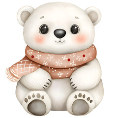 Cute baby polar bear animal wearing warm scarf for winter. This charming character has happy and cozy expression