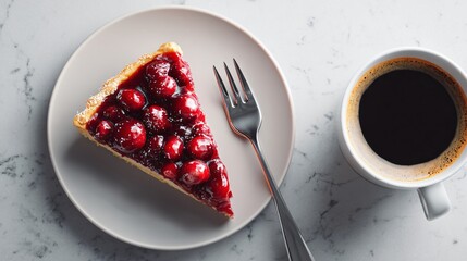 A minimalist flat lay of cranberry tart slice and coffee cup