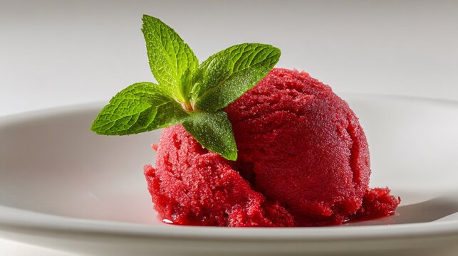 A minimalist cranberry sorbet served with single leaf garnish - Powered by Adobe