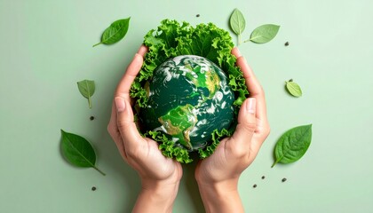 Hands Gently Holding an Earth Globe Made of Green Leaves and Vegetables. World Vegan Day Concept of Healthy Planet and Diet