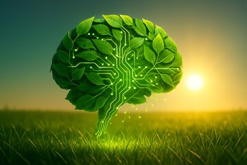 Eco-friendly brain concept with circuit board design in a vibrant natural scene