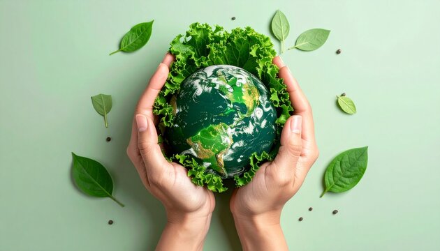 Hands Gently Holding an Earth Globe Made of Green Leaves and Vegetables. World Vegan Day Concept of Healthy Planet and Diet
