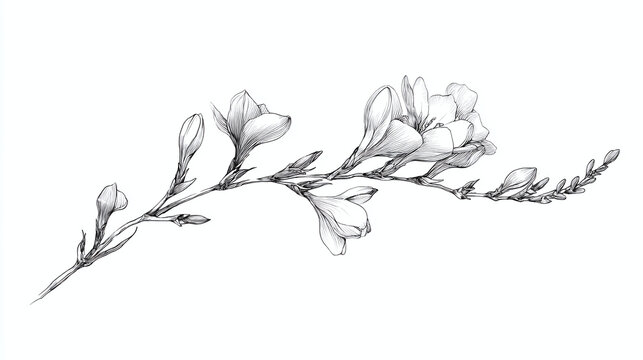 Delicate and detailed botanical illustration of a freesia branch in full bloom, showcasing the graceful curves of its petals. It appears so fresh and natural
