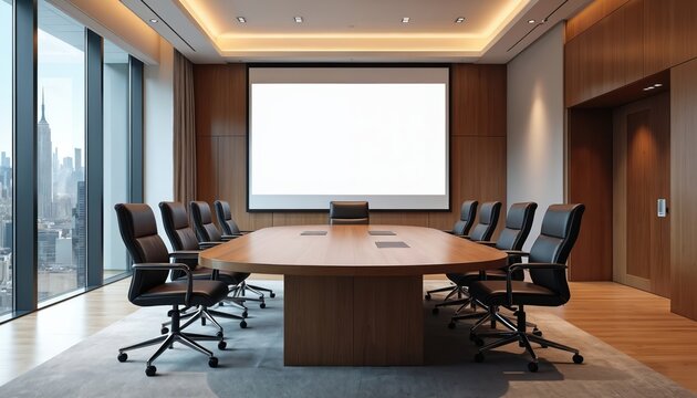 Modern empty boardroom features large blank projector screen. Sleek oval table, black leather chairs await important business meeting. City skyline view through floor to ceiling window offers