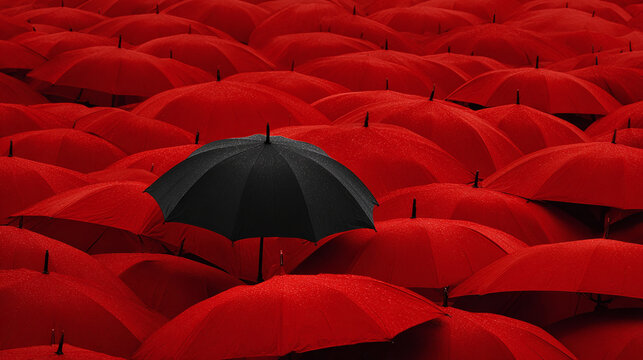 A lone black umbrella stands out amidst a sea of red umbrellas, symbolizing uniqueness and standing out from the crowd.