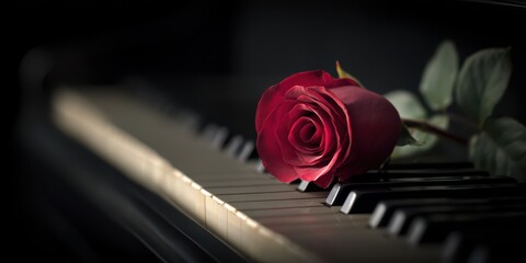 Single Rose On Piano. Red Rose Symbolizing Beauty on Musical Instrument