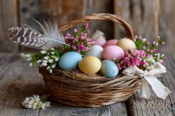 Osterkorb mit bunten Eiern und Fr&uuml;hlingsblumen &ndash; nat&uuml;rliche Osterdekoration