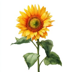Fototapeta premium Single Sunflower Watercolor. Yellow Blossom Sunflower Isolated on White Background