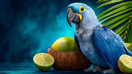 Blue macaw parrot with fresh limes and tropical palm leaf
