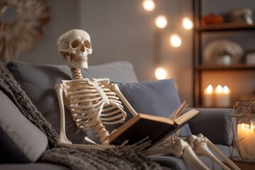 Skeleton Living Room. Creepy and Fun Halloween Interior Design with Human Skeleton on Sofa