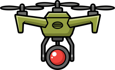 Cartoon Military Quadcopter Drone Vector Illustration, Front View Green UAV with Red Camera Flying