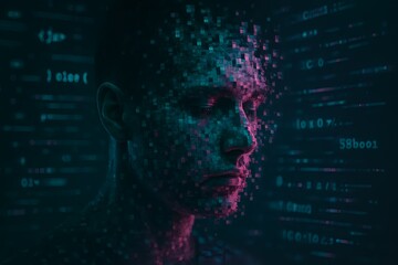 Abstract digital mind concept with data flowing through a human face