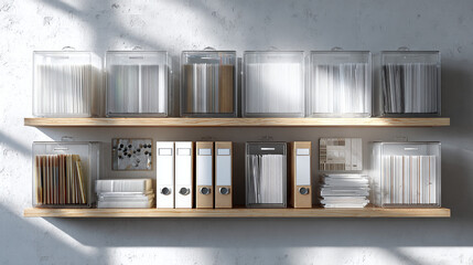 A well-organized shelf, showcasing various items, with a focus on storage and organization. Featuring several boxes and binders, the setup suggests efficiency and order