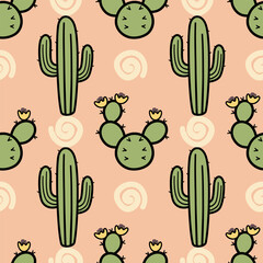 A seamless pattern featuring different styles of cartoon cacti and succulents with light swirls on a soft coral background. This minimalist design is for a background, digital paper or textile print.