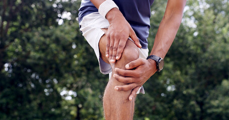Nature, fitness and hands of man with knee pain, injury or accident for workout in morning....
