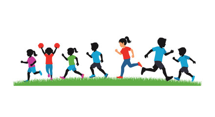 Children running and playing on a grassy field, enjoying outdoor activities and childhood fun, symbolizing youthfulness and energy.